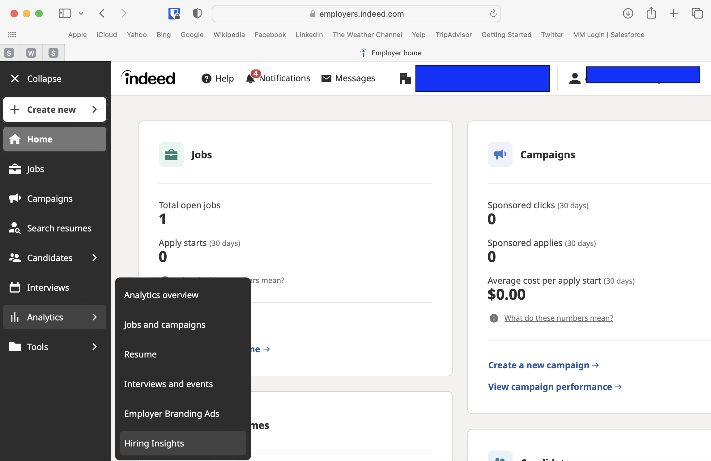 Indeed job board home page for employers with menu items showing Indeed Analytics