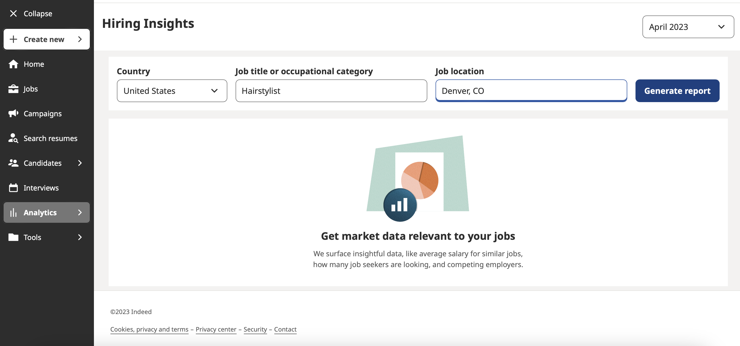 Image showing search criteria on Indeed Employers site