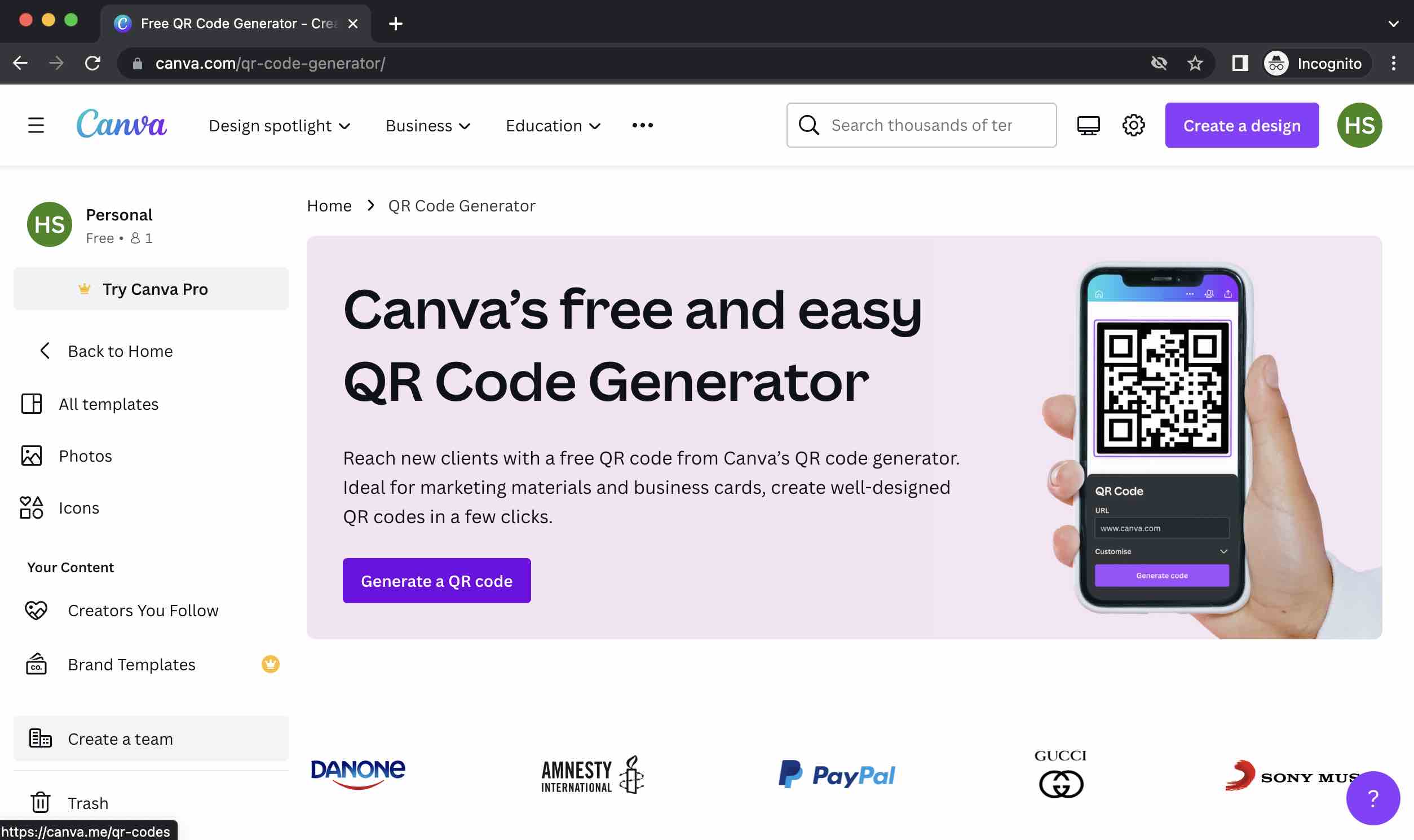 Canva screen to generate QR code