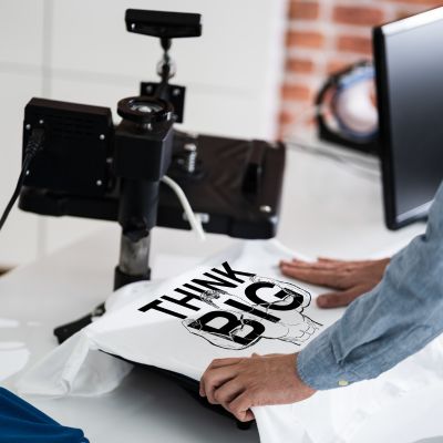 Person using printing press to put text on tee shirt for print marketing