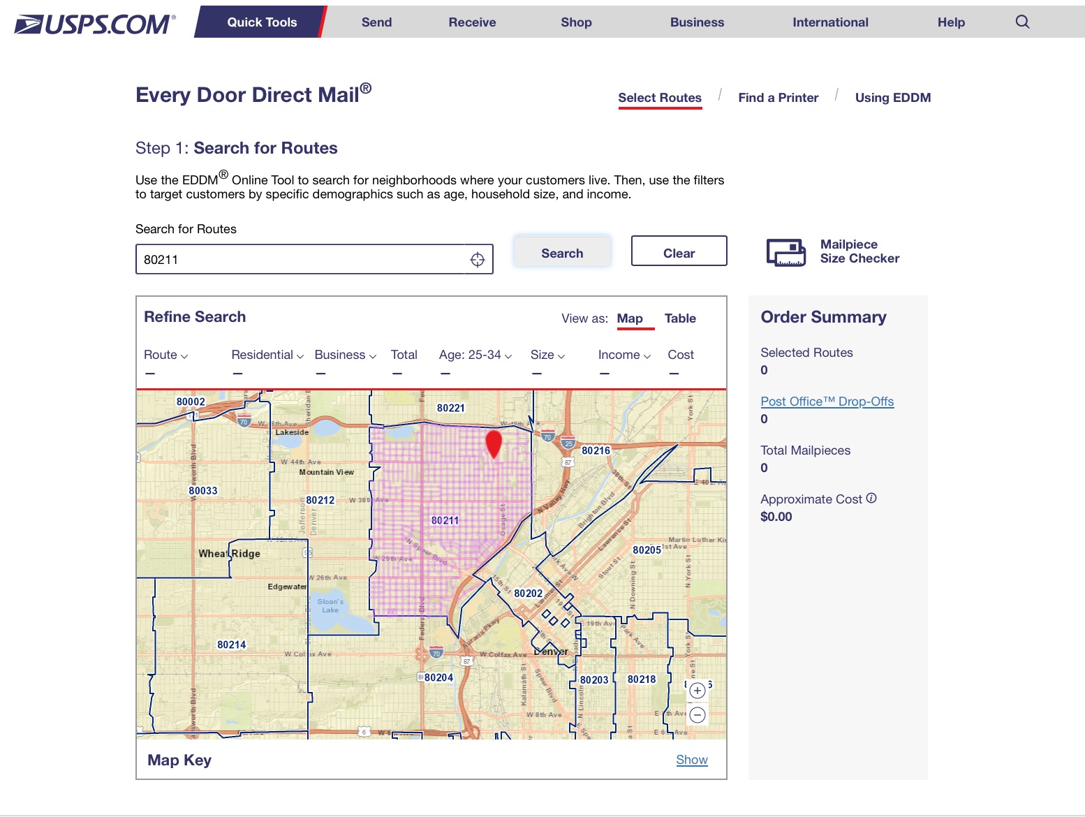 USPS EDDM tool showing search using zip code