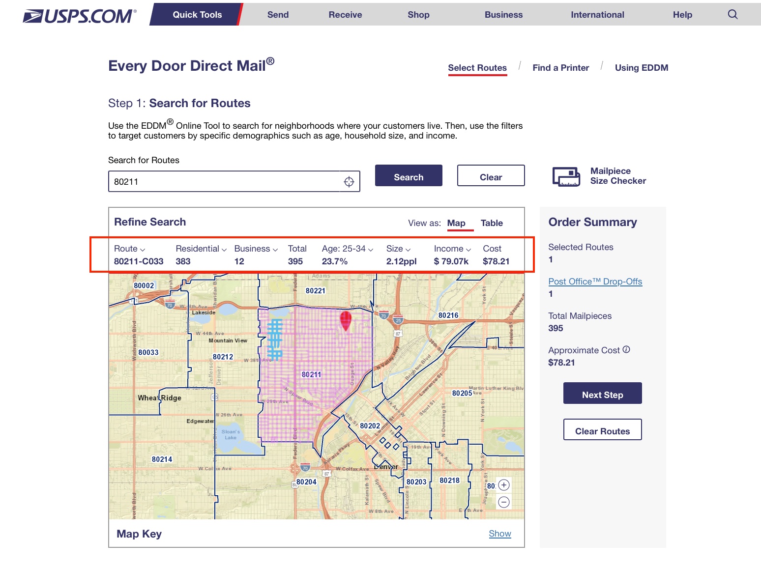 EDDM selected routes but no filters applied