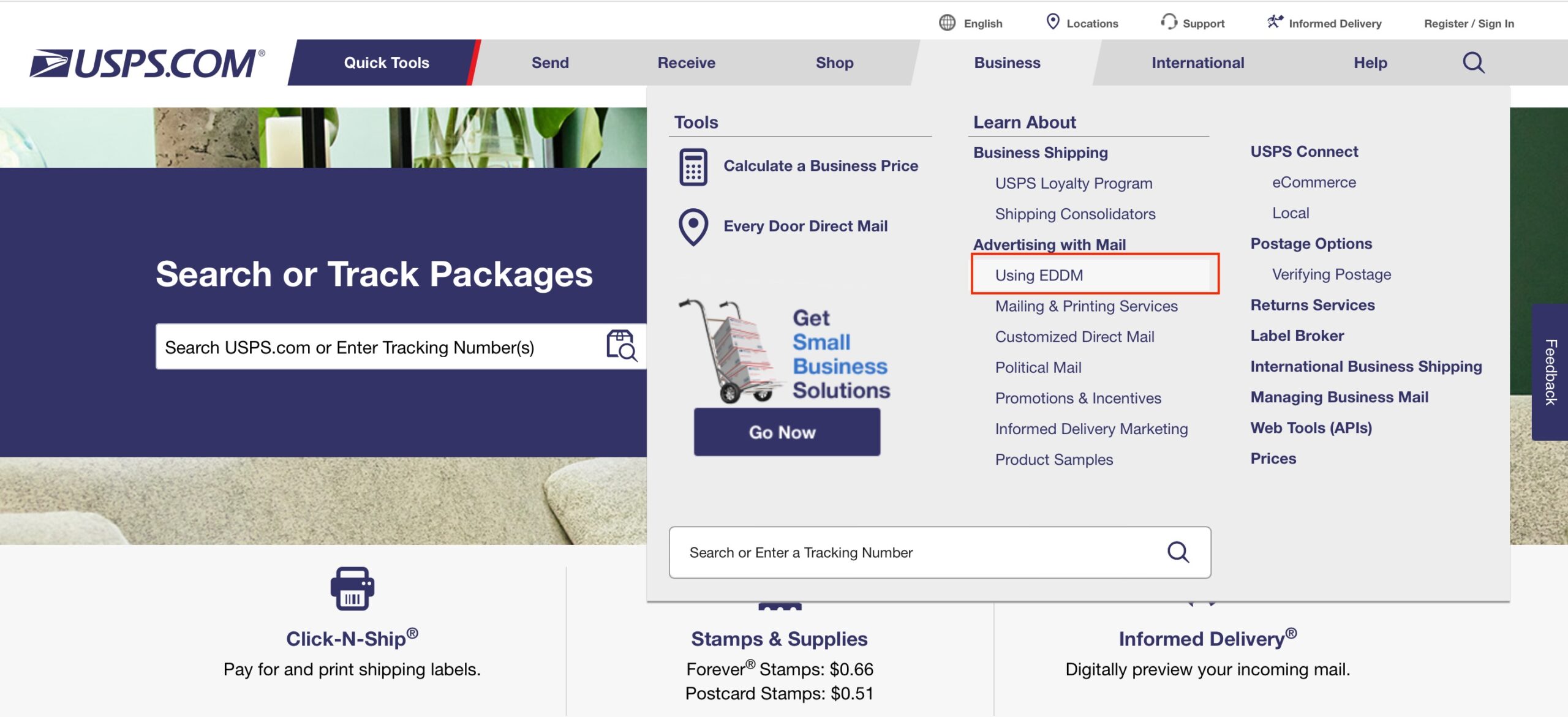 Image of usps.com home page with EDDM option highlighted