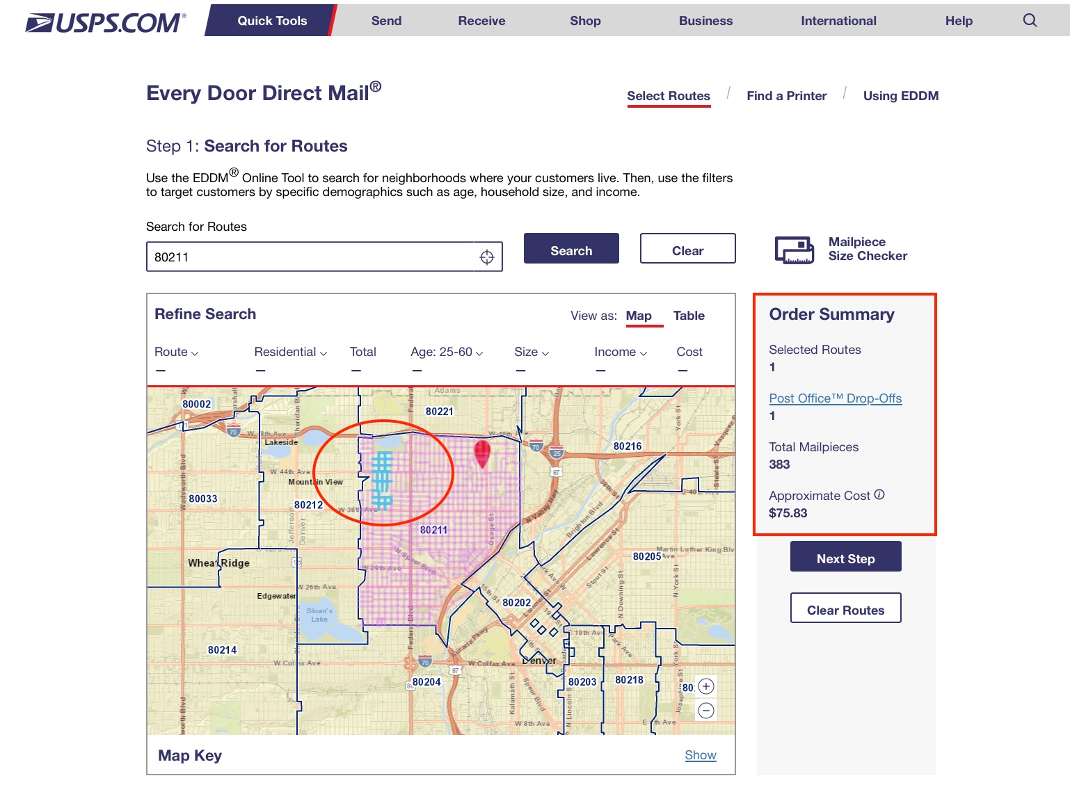 EDDM selected routes with filters applied